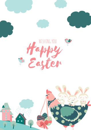 Šťastné Velikonoce přání s kuřecím masem a králíčky Postcard A5 Vertical Šablona návrhu