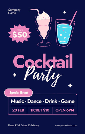 Platilla de diseño Cocktail Party Ad on Dark Blue Invitation 4.6x7.2in