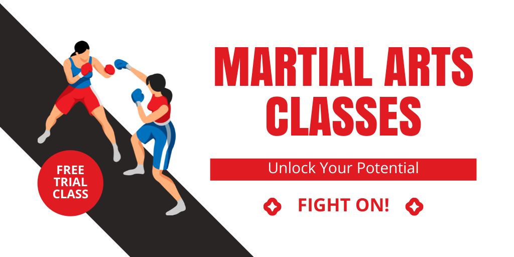 Ad of Martial Arts Classes with Couple of Fighters Illustration Twitter Tasarım Şablonu
