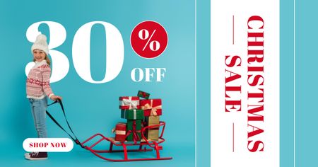 Kid Pulls Sleigh with Gifts on Christmas Offer Facebook AD Design Template