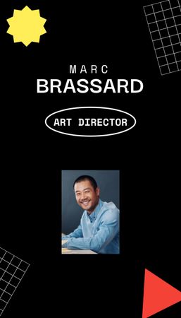 Plantilla de diseño de Oferta de servicios de director de arte con hombre asiático de negro Business Card US Vertical 