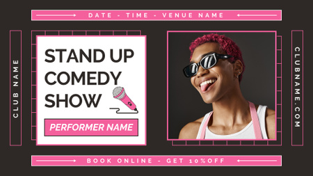Modèle de visuel Publicité pour un spectacle de comédie stand-up avec un gars souriant portant des lunettes de soleil - FB event cover