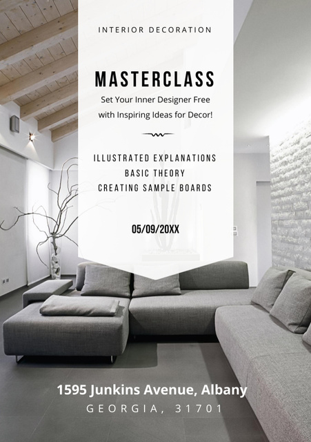 Template di design Interior Decoration Masterclass Ad with Cozy Corner Couch Flyer A5