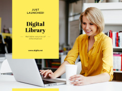 Digital Library with Woman Typing on Laptop