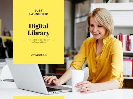Digital Library with Woman Typing on Laptop Presentation Design Template