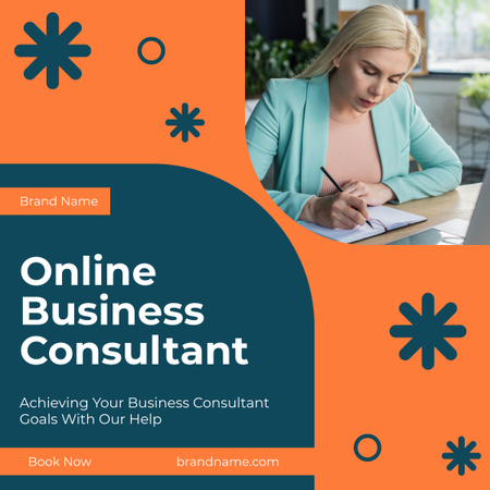Services of Online Business Consultant with Businesswoman on Workplace LinkedIn post Design Template