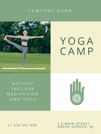 Anúncio de acampamento de ioga e práticas espirituais orientais em verde Poster US Modelo de Design