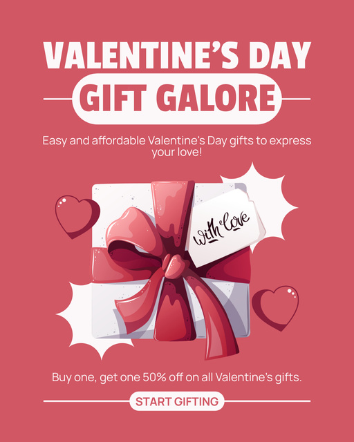 Gift With Ribbon And Hearts At Half Price Due Valentine's Day Instagram Post Vertical Tasarım Şablonu