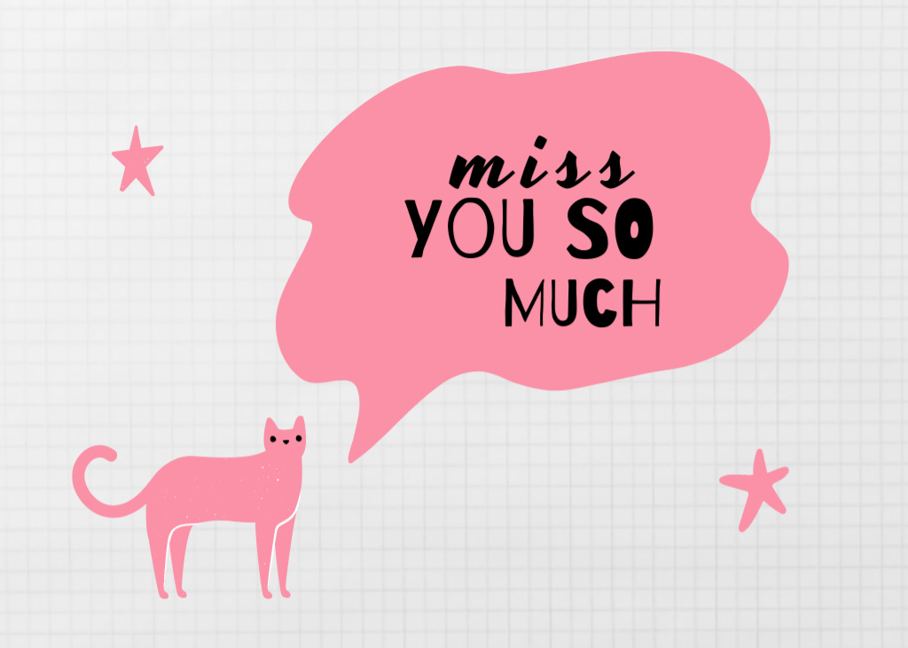 Miss You so Much Quote with Pink Cat Illustration Postcard 5x7in Design Template