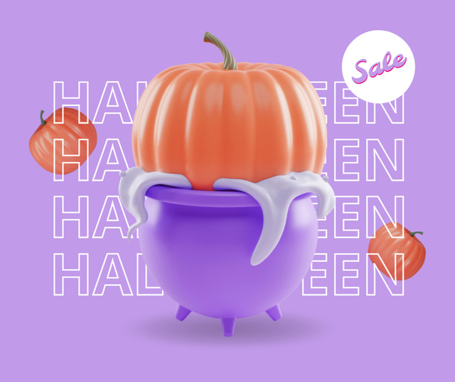 Ontwerpsjabloon van Facebook van Halloween Sale Announcement with Pumpkin in Cauldron