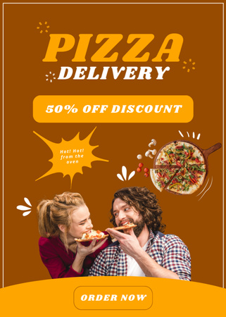 Young Couple Eating Delicious Pizza Flayer Design Template