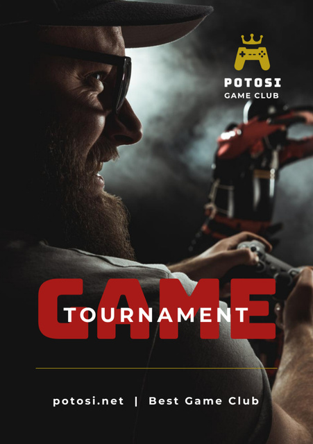 Video Game Tournament Ad with Man with Console Controller Flyer A5 tervezősablon