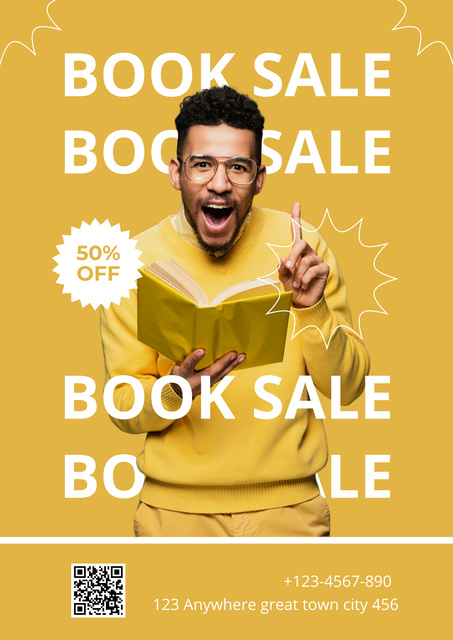 Excited Reader on Book Fair Yellow Ad Posterデザインテンプレート