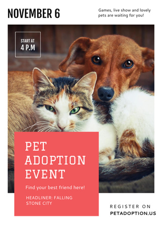 Pet Adoption Event Dog and Cat Hugging Flyer A4 Design Template