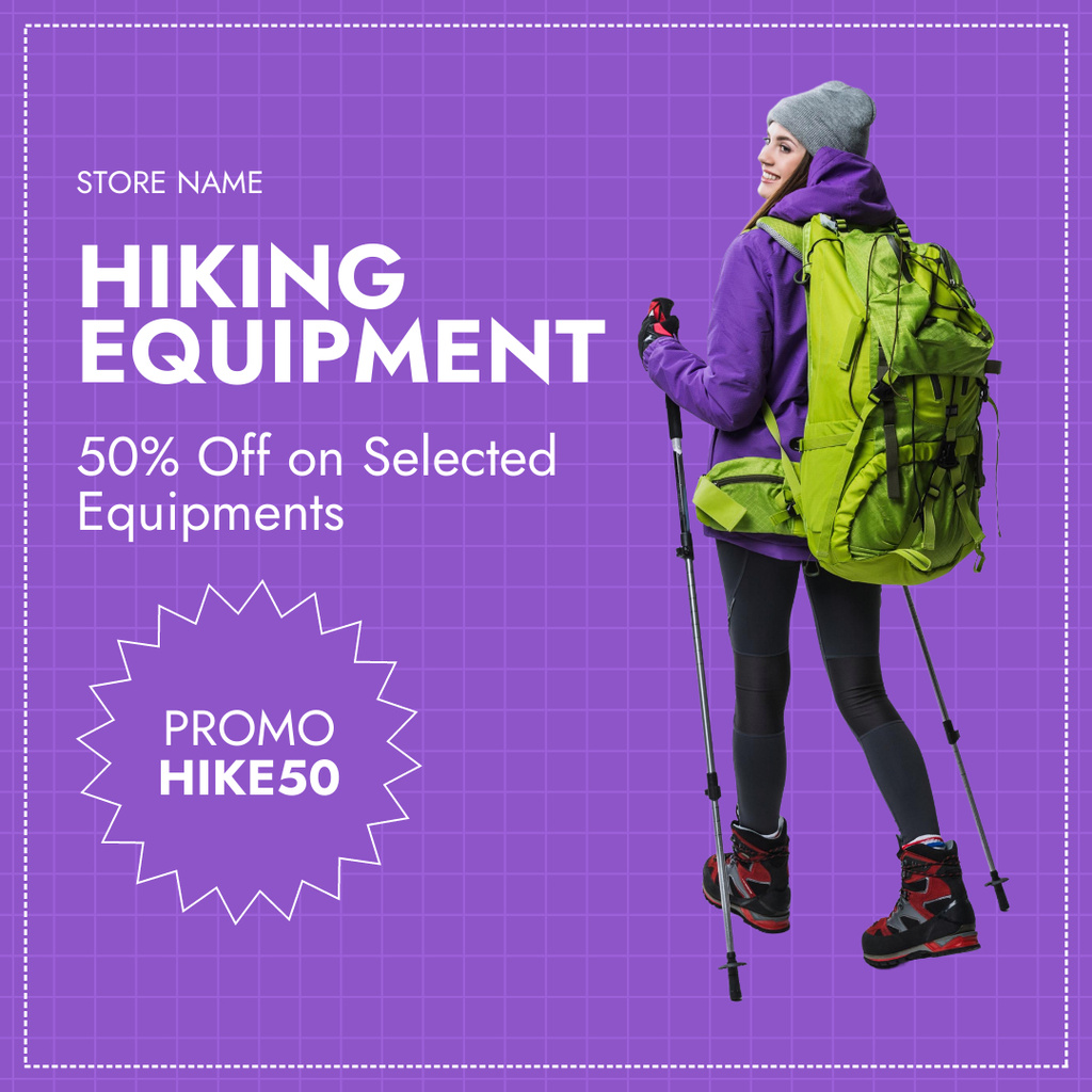 Ontwerpsjabloon van Instagram AD van Hiking Equipment Offer with Woman with Green Backpack