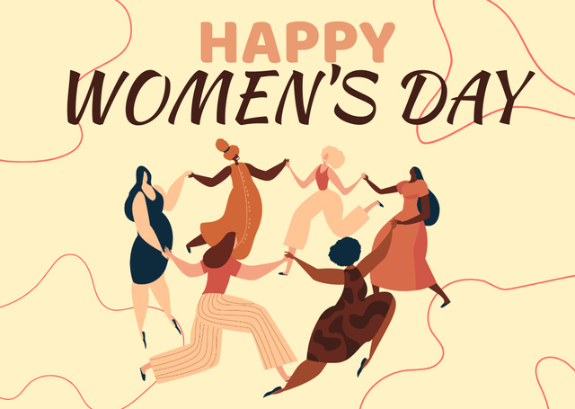 International Women's Day Greeting with Women dancing in Circle Postcard Design Template