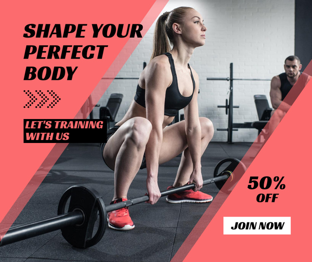 Gym Offer with Woman Lifting Barbell Facebook Design Template