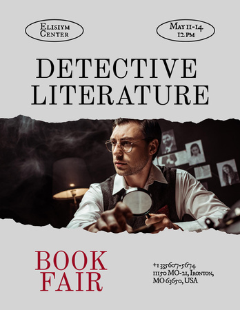Detective Book Fair Ad in Style of Old Movie Poster 8.5x11in Design Template