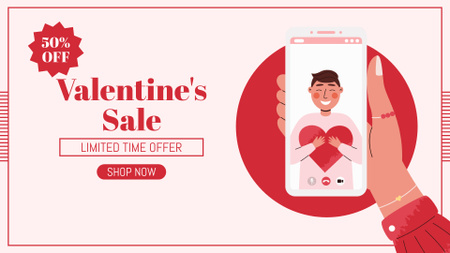 Ontwerpsjabloon van FB event cover van Valentijnsdag verkoop aankondiging met smartphone