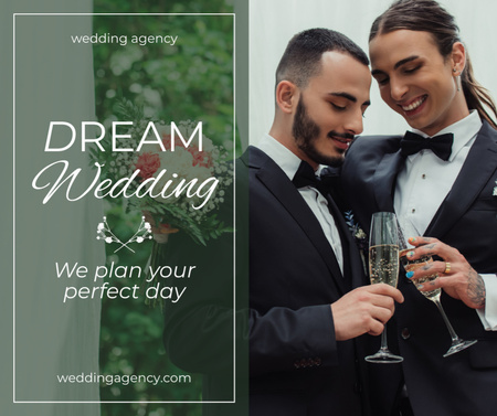 Wedding Planner Services Offer with Happy Gay Couple Facebook Design Template