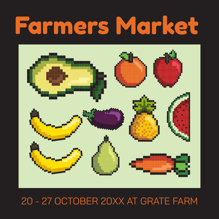 Запрошення на фермерський ринок із піксельною ілюстрацією фруктів Instagram AD – шаблон для дизайну