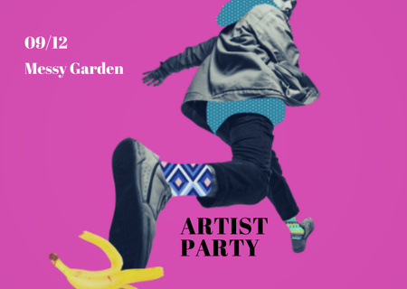 Artist Party Event with Man Stepping on Banana Flyer A6 Horizontal Design Template