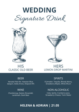 Wedding Drinks List with Blue Sketch Illustration Menu Design Template