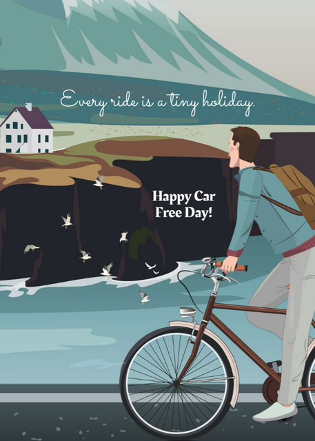 Plantilla de diseño de Car Free Day Congrats With Man On Bicycle And Scenic View Postcard 5x7in Vertical 