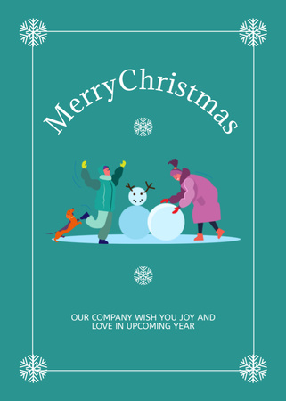 Christmas Cheers with People making snowman Postcard 5x7in Vertical Design Template