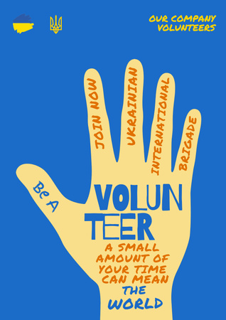 Designvorlage Freiwilligenarbeit während des Krieges in der Ukraine mit Illustration einer Hand in Blau für Poster