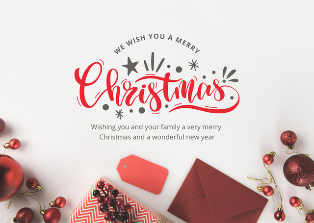 Christmas and New Year Wishes with Baubles and Gift Postcardデザインテンプレート