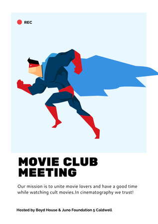 Platilla de diseño Movie Club Meeting with Man in Superhero Costume Flyer A7
