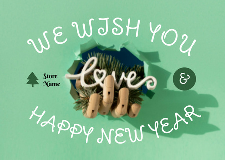 New Year Holiday Greeting with Twig in Hand in Green Postcard Design Template