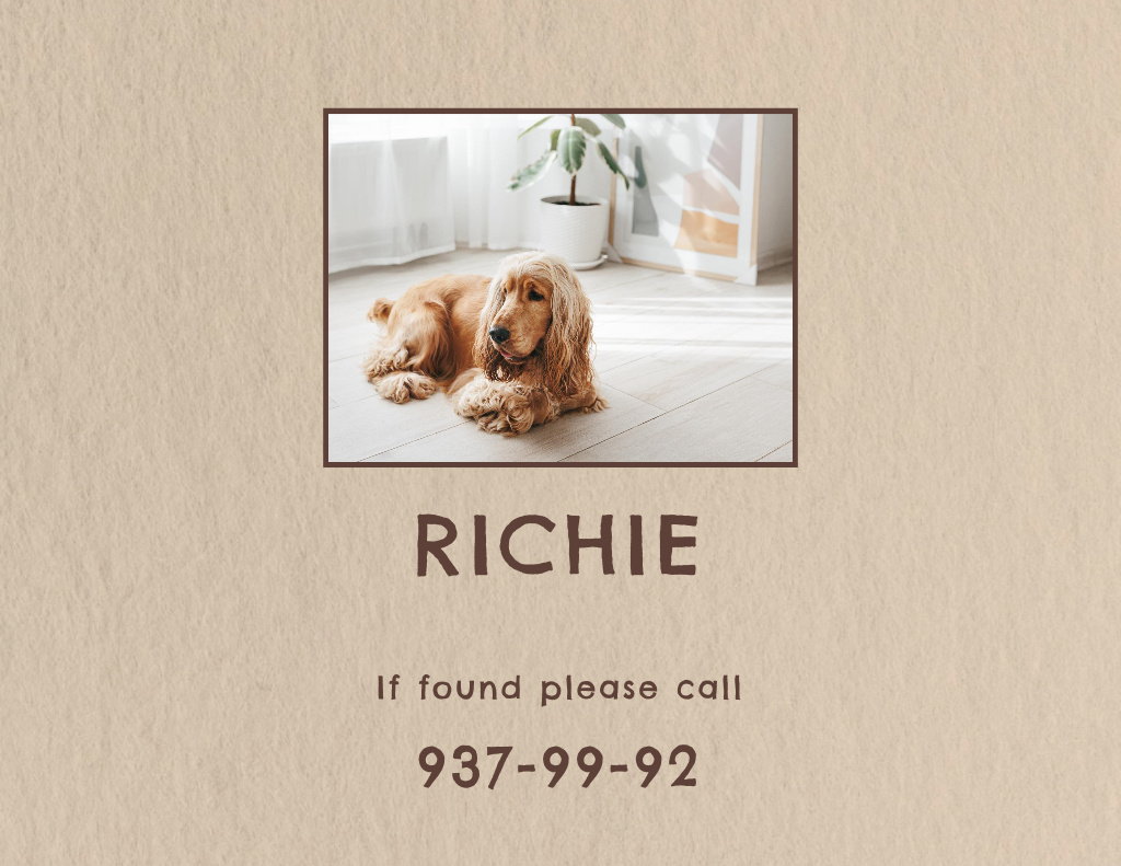 Lost Dog Information with Cocker Spaniel Flyer 8.5x11in Horizontal Design Template