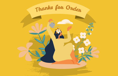 Template di design Thanks for Order Phrase with Woman and Flowers on Yellow Thank You Card 5.5x8.5in
