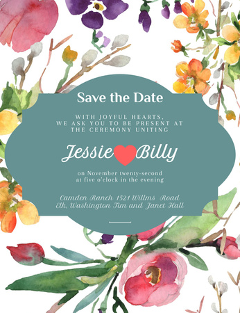 Save the Date Announcement in Frame in tender flowers Invitation 13.9x10.7cm Design Template