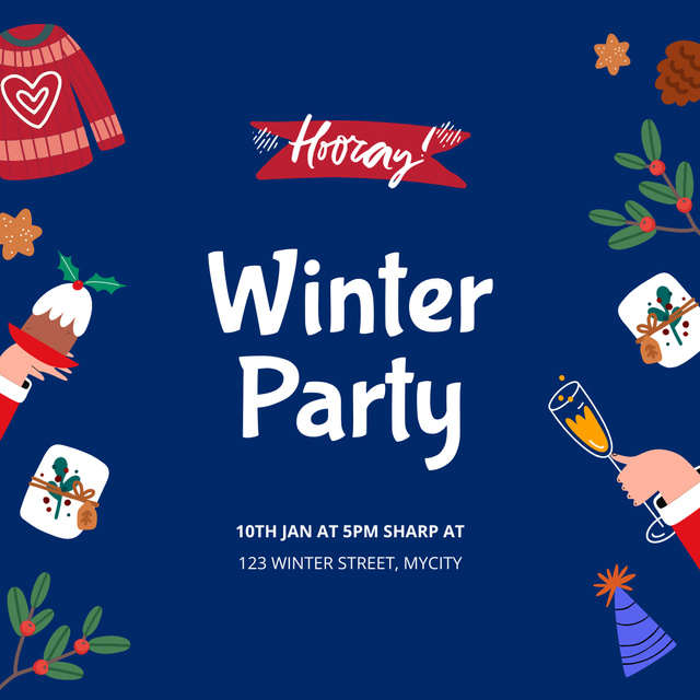 Winter Party Announcement with Cute Illustration Instagram Tasarım Şablonu