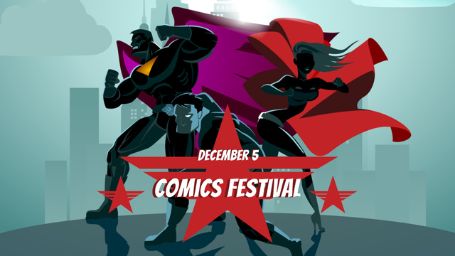 Plantilla de diseño de Comics Festival Announcement with Superheroes FB event cover 