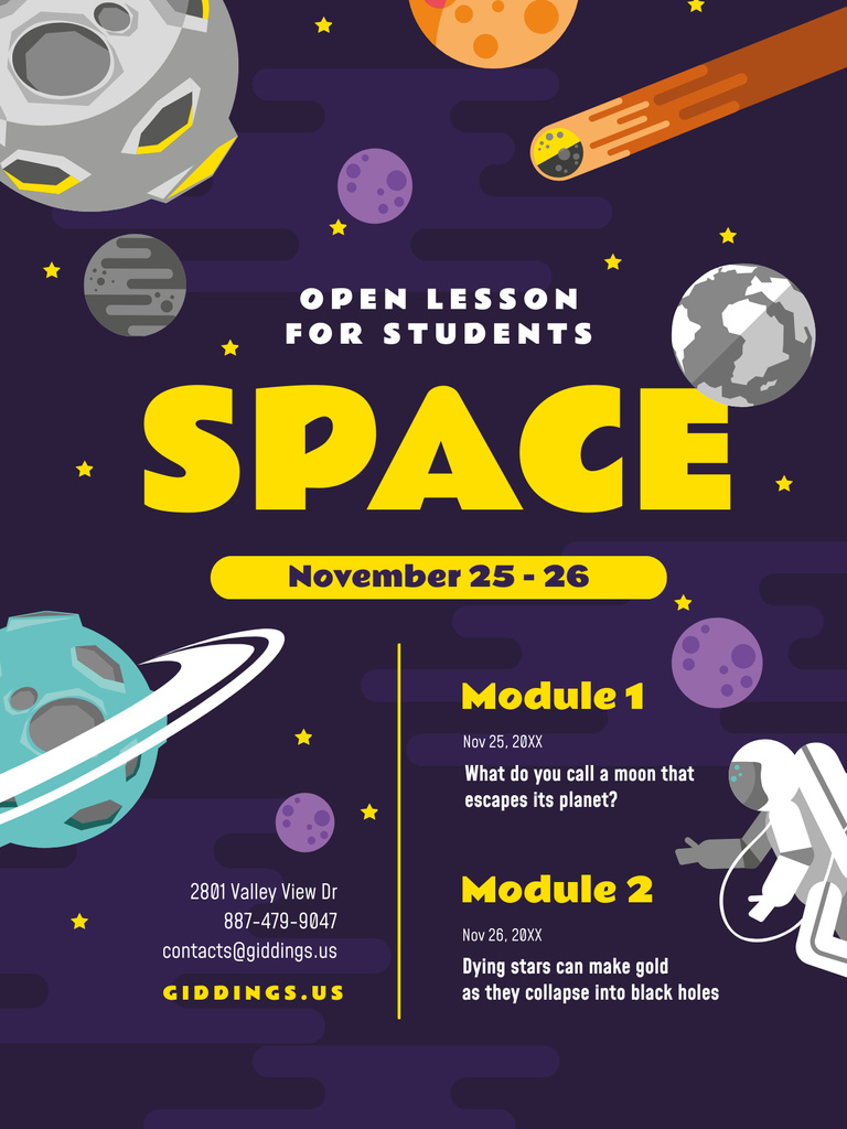 Space Lesson Announcement with Cosmonaut among Planets Poster US Modelo de Design