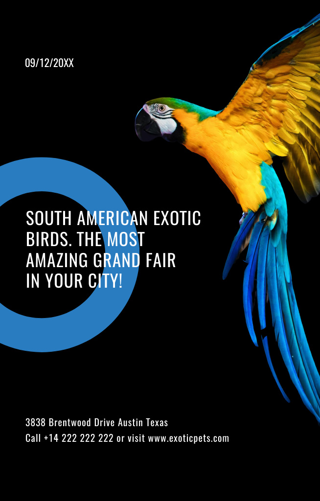 Ontwerpsjabloon van Invitation 4.6x7.2in van Exotic Birds Fair Ad with Blue Macaw Parrot