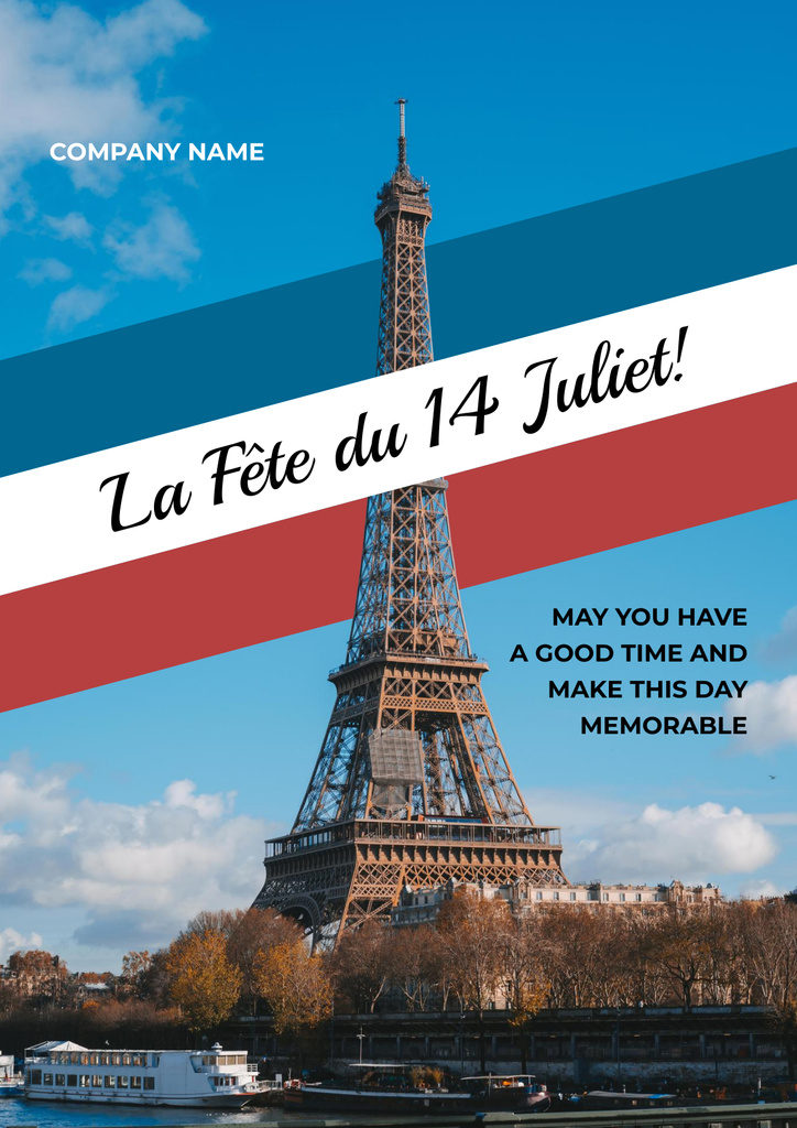 French National Day Celebration Announcement with Beautiful City View Posterデザインテンプレート