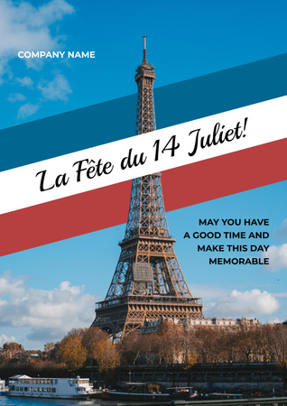 Ontwerpsjabloon van Poster van Aankondiging van de viering van de Franse nationale feestdag met prachtig uitzicht op de stad