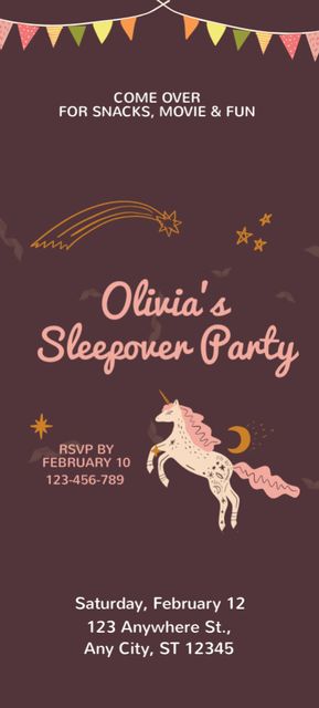 Announcement of Sleepover Party with Unicorn on Brown Invitation 9.5x21cm Design Template
