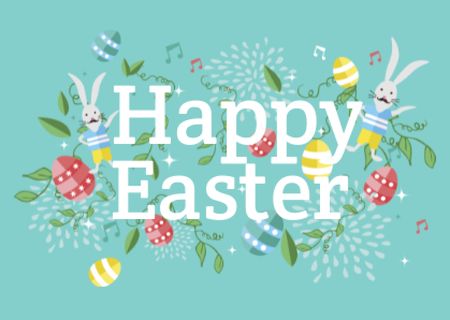 Platilla de diseño Happy Easter Greeting with Bunnies and Eggs Postcard