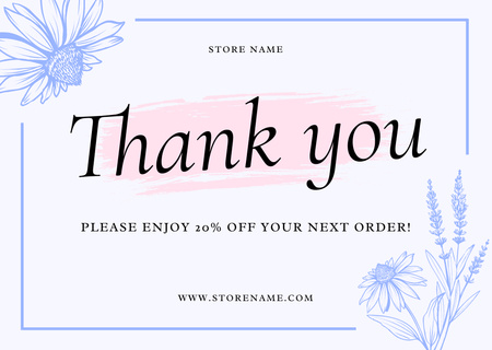 Thank You Message with Blue Flowers Sketch Card Design Template
