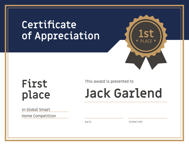 Winning Smart Home Competition appreciation in blue and golden Certificate Šablona návrhu