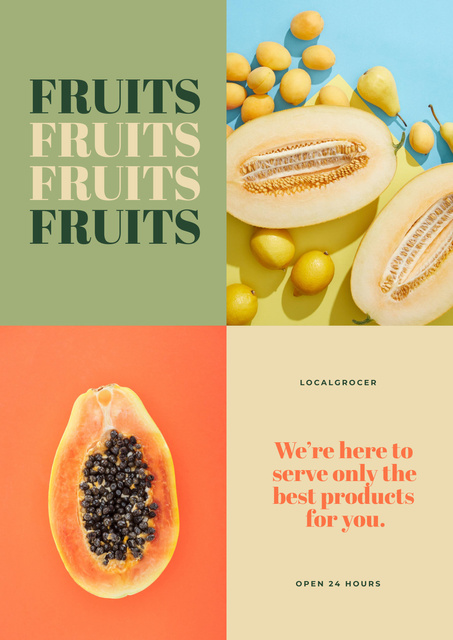 Local Grocery Shop Ad with Sweet Fruits Poster Design Template