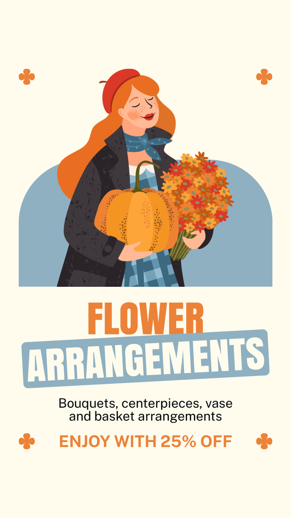 Young Woman Carrying Bouquet of Flowers and Pumpkin Instagram Story Design Template