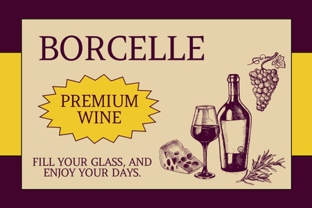 Modèle de visuel Vin haut de gamme en bouteilles avec illustration de raisins - Label