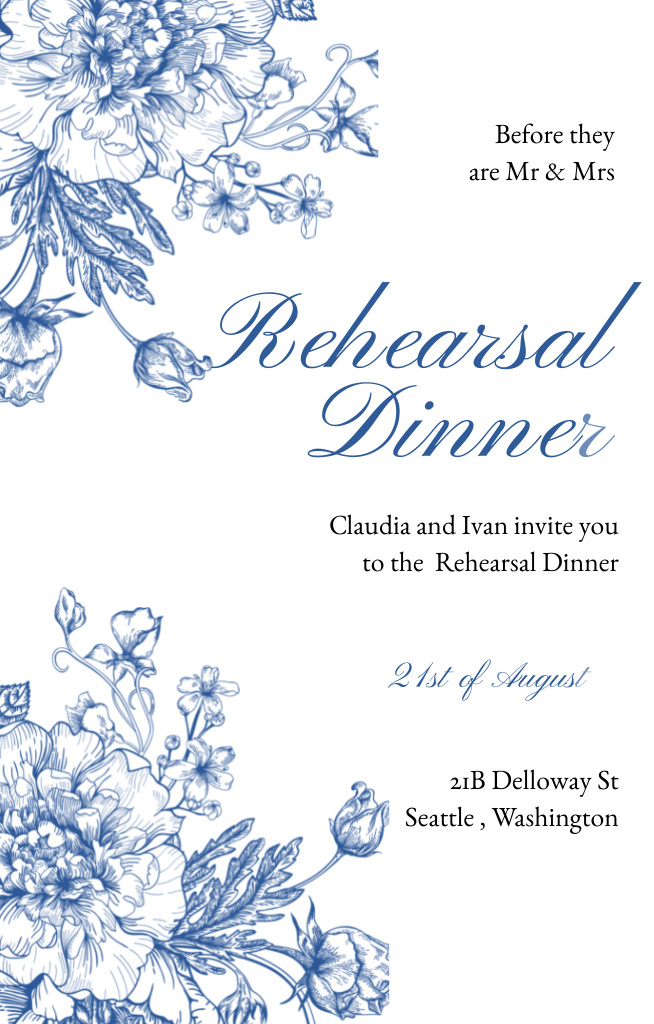 Rehearsal Dinner Ad With Blue Flowers Invitation 4.6x7.2in Design Template